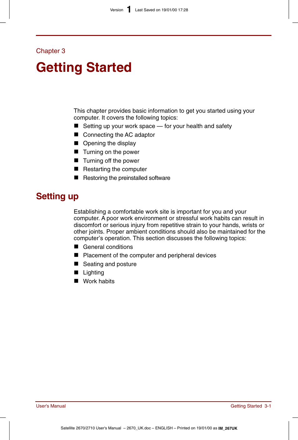 Chapter 3, Getting started, Setting up | Chapter 3: getting started, Setting up -1 | Toshiba Satellite 2670 User Manual | Page 41 / 182