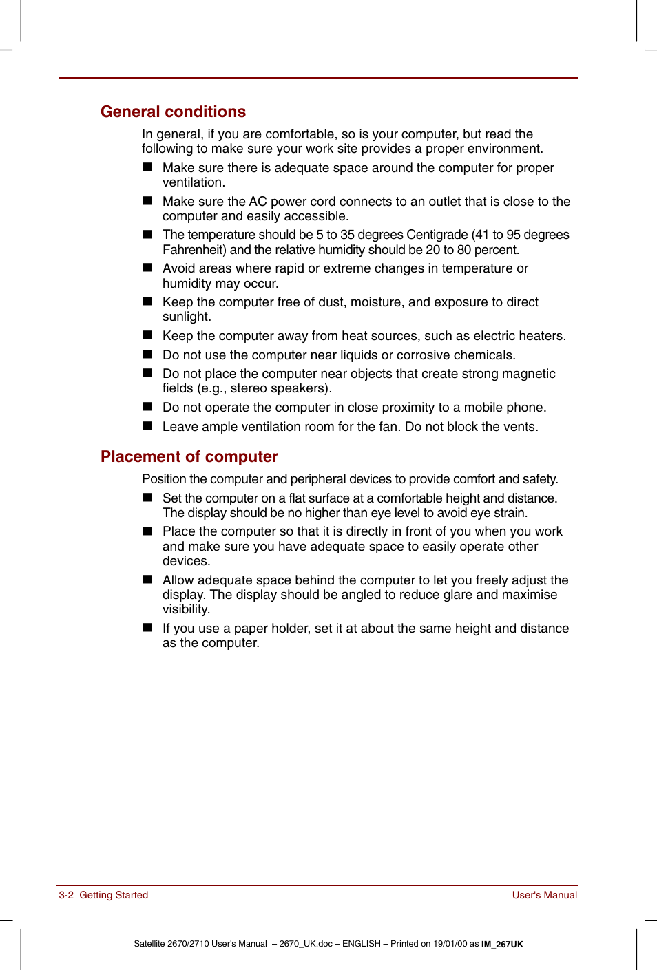 General conditions -2 placement of computer -2, General conditions, Placement of computer | Toshiba Satellite 2670 User Manual | Page 42 / 182