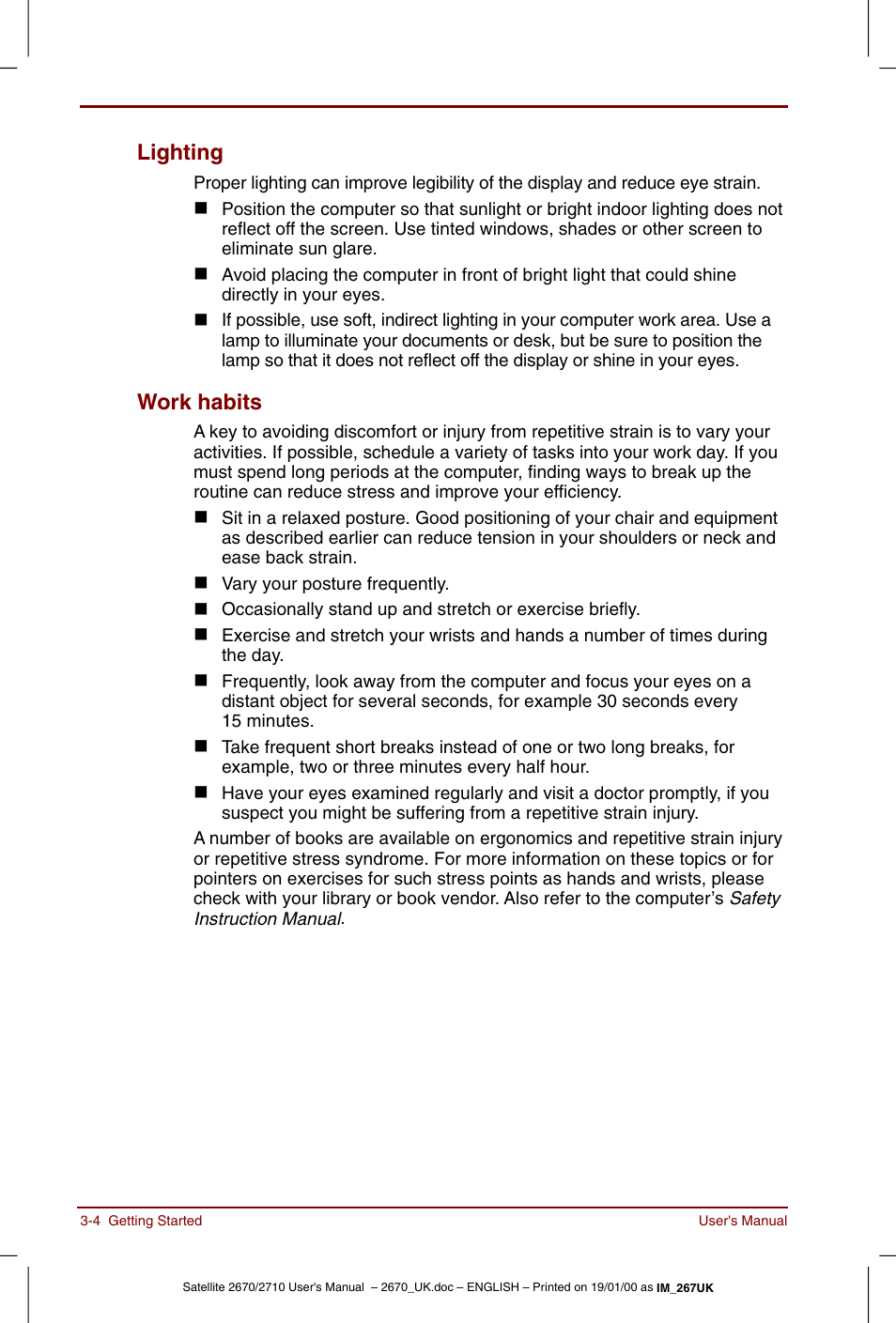 Lighting -4 work habits -4, Lighting, Work habits | Toshiba Satellite 2670 User Manual | Page 44 / 182