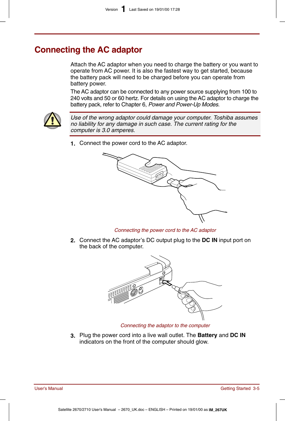 Connecting the ac adaptor, Connecting the ac adaptor -5 | Toshiba Satellite 2670 User Manual | Page 45 / 182