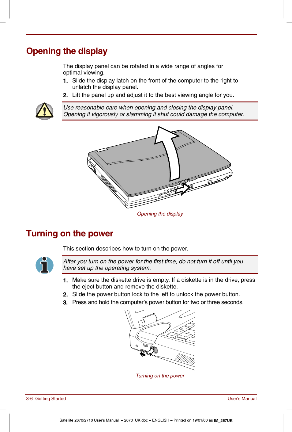 Opening the display, Turning on the power, Opening the display -6 turning on the power -6 | Toshiba Satellite 2670 User Manual | Page 46 / 182