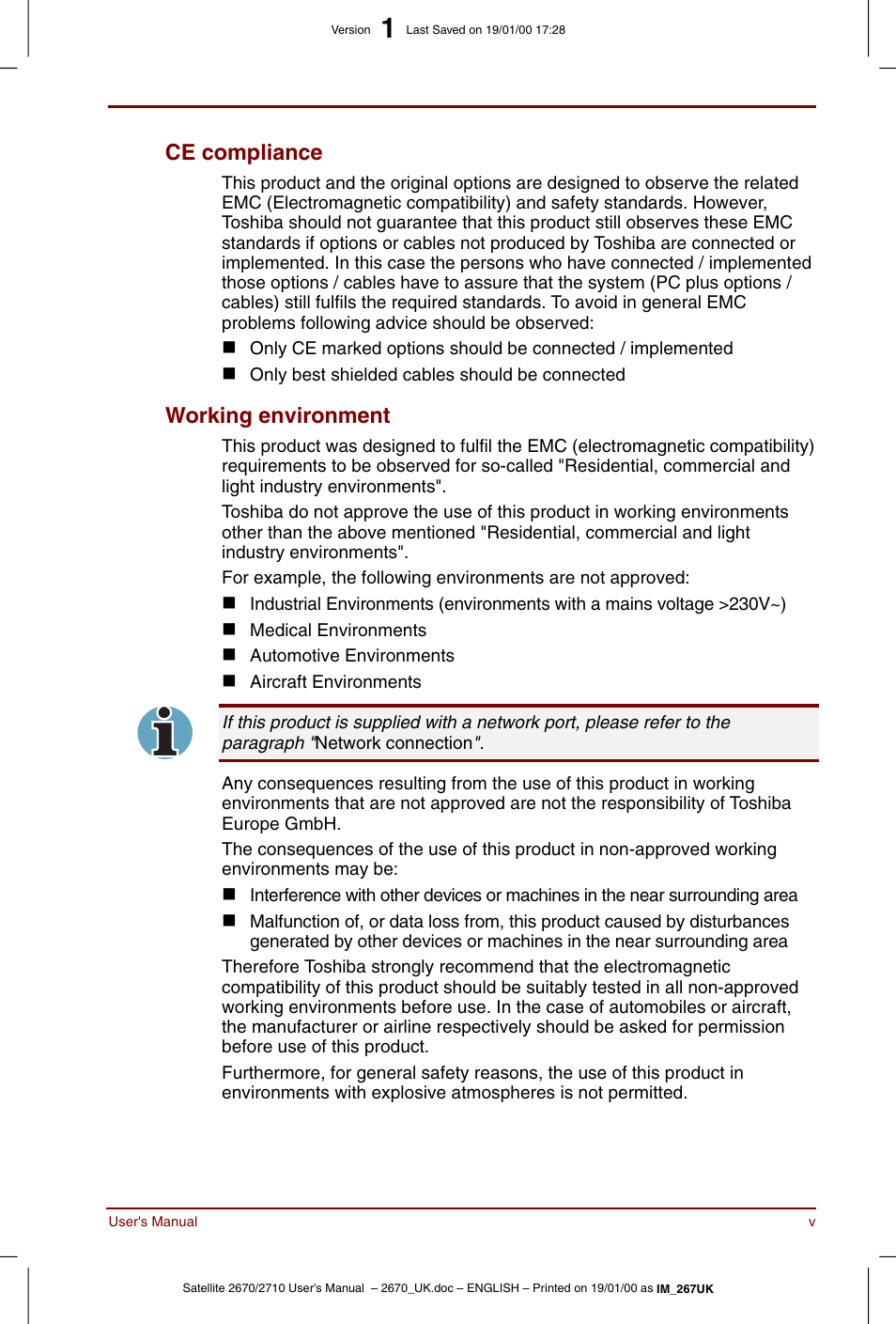 Ce compliance, Working environment | Toshiba Satellite 2670 User Manual | Page 5 / 182