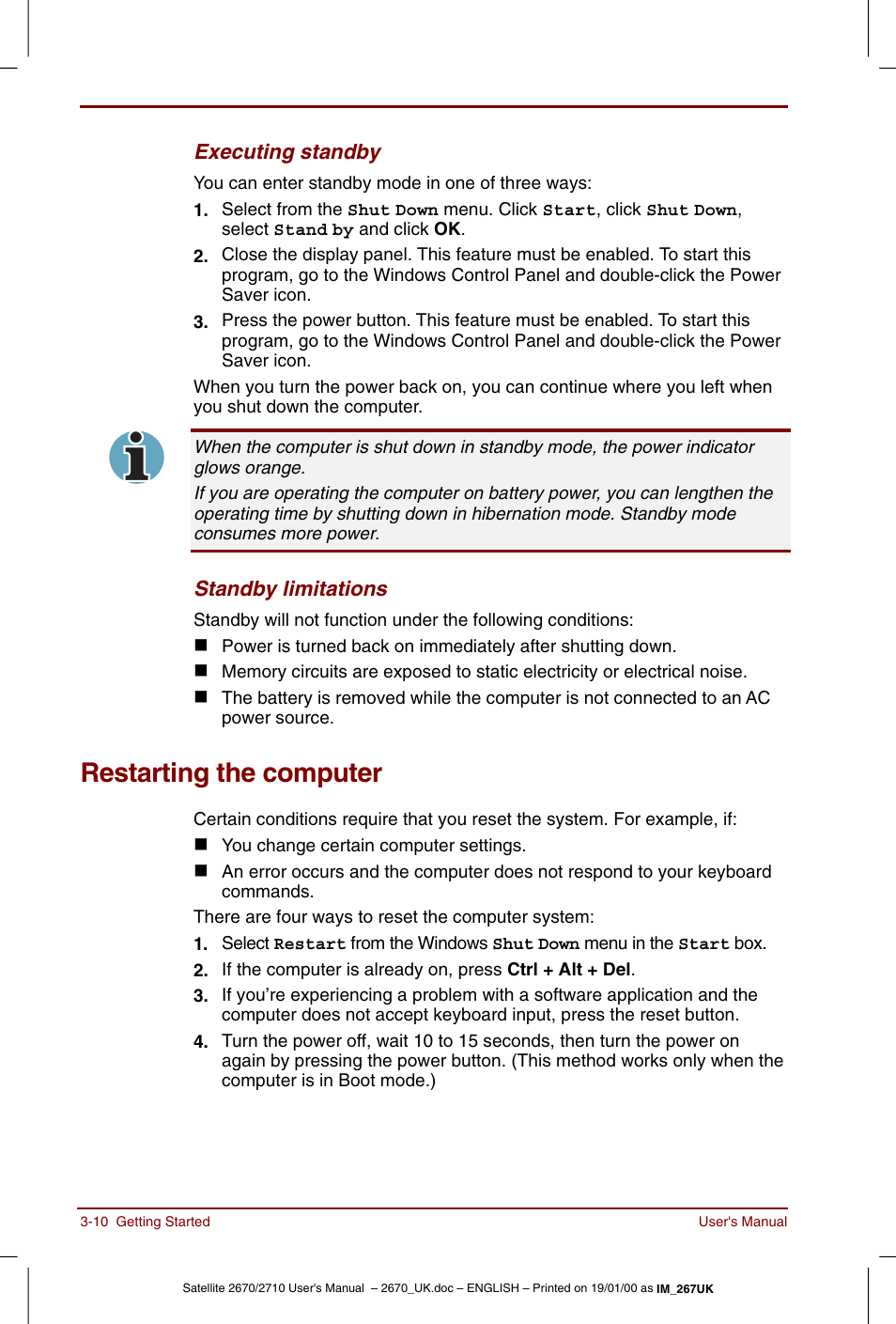Restarting the computer, Restarting the computer -10 | Toshiba Satellite 2670 User Manual | Page 50 / 182
