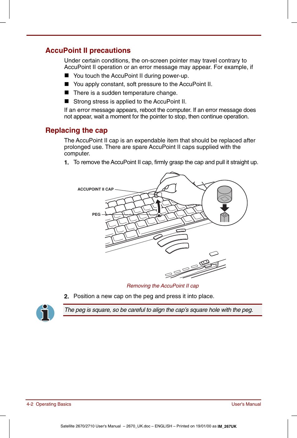 Accupoint ii precautions -2 replacing the cap -2, Accupoint ii precautions, Replacing the cap | Toshiba Satellite 2670 User Manual | Page 54 / 182