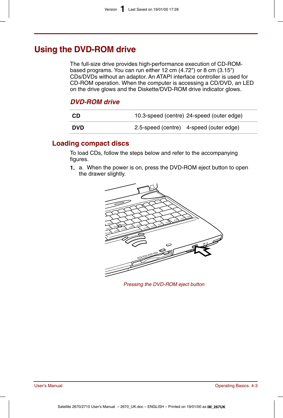 Using the dvd-rom drive, Using the dvd-rom drive -3, Loading compact discs -3 | Loading compact discs | Toshiba Satellite 2670 User Manual | Page 55 / 182