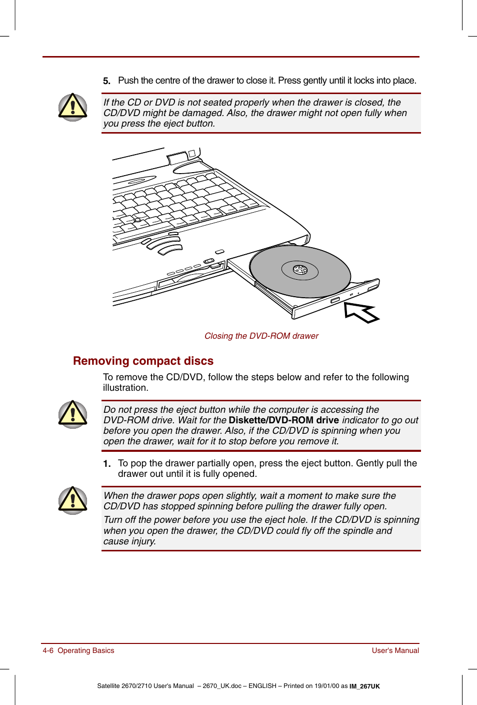 Removing compact discs -6, Removing compact discs | Toshiba Satellite 2670 User Manual | Page 58 / 182