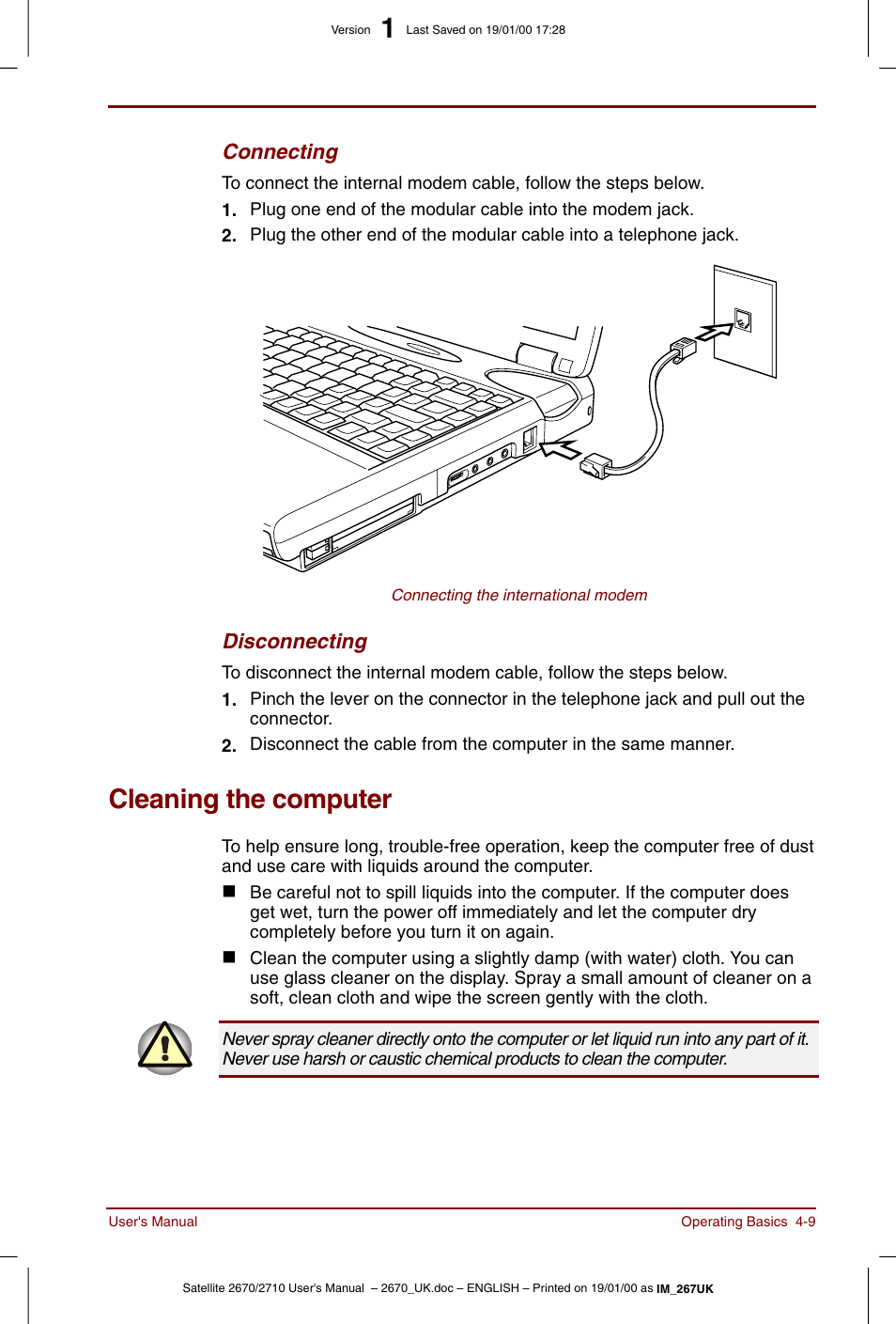 Cleaning the computer, Cleaning the computer -9 | Toshiba Satellite 2670 User Manual | Page 61 / 182