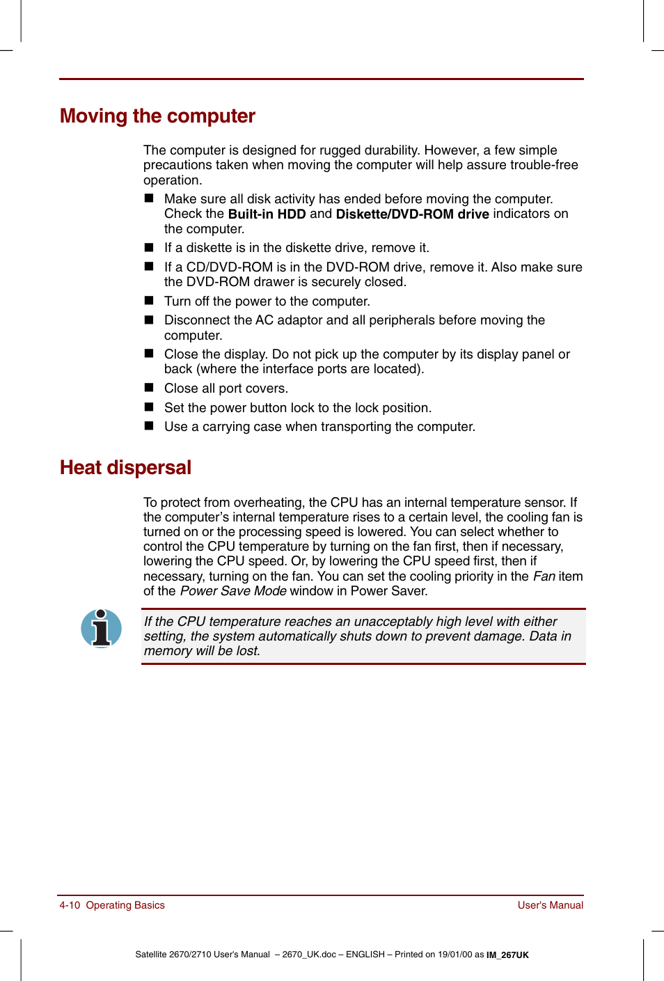 Moving the computer, Heat dispersal, Moving the computer -10 heat dispersal -10 | Toshiba Satellite 2670 User Manual | Page 62 / 182