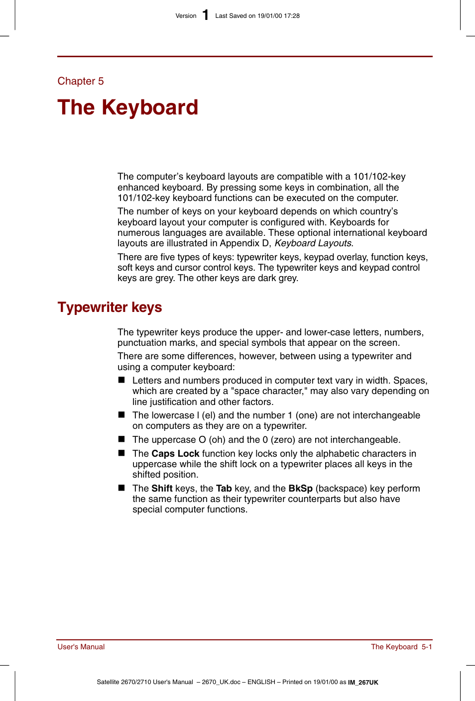 Chapter 5, The keyboard, Typewriter keys | Chapter 5: the keyboard, Typewriter, Keys -1 | Toshiba Satellite 2670 User Manual | Page 63 / 182