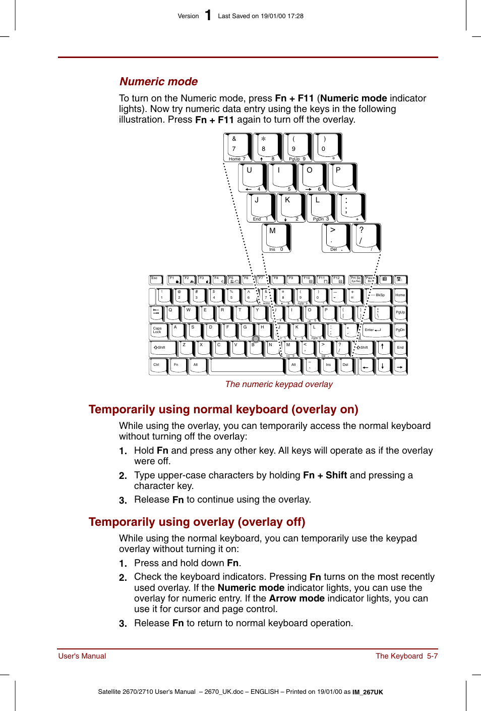 Temporarily using normal keyboard (overlay on), Temporarily using overlay (overlay off), Numeric mode | The numeric keypad overlay, User's manual the keyboard 5-7 | Toshiba Satellite 2670 User Manual | Page 69 / 182