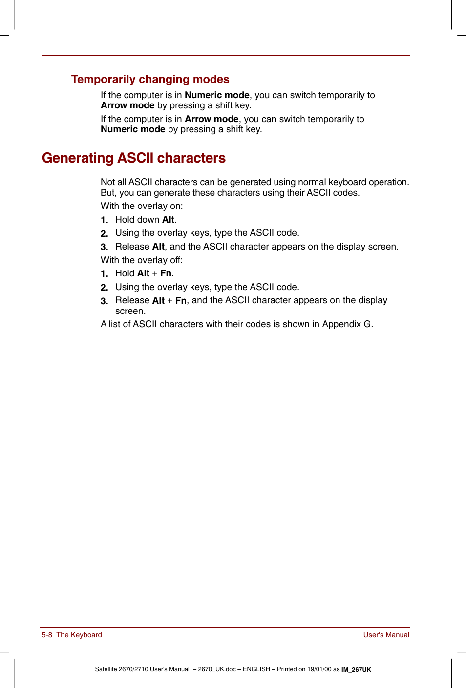 Generating ascii characters, Temporarily changing modes -8, Generating ascii characters -8 | Temporarily changing modes | Toshiba Satellite 2670 User Manual | Page 70 / 182