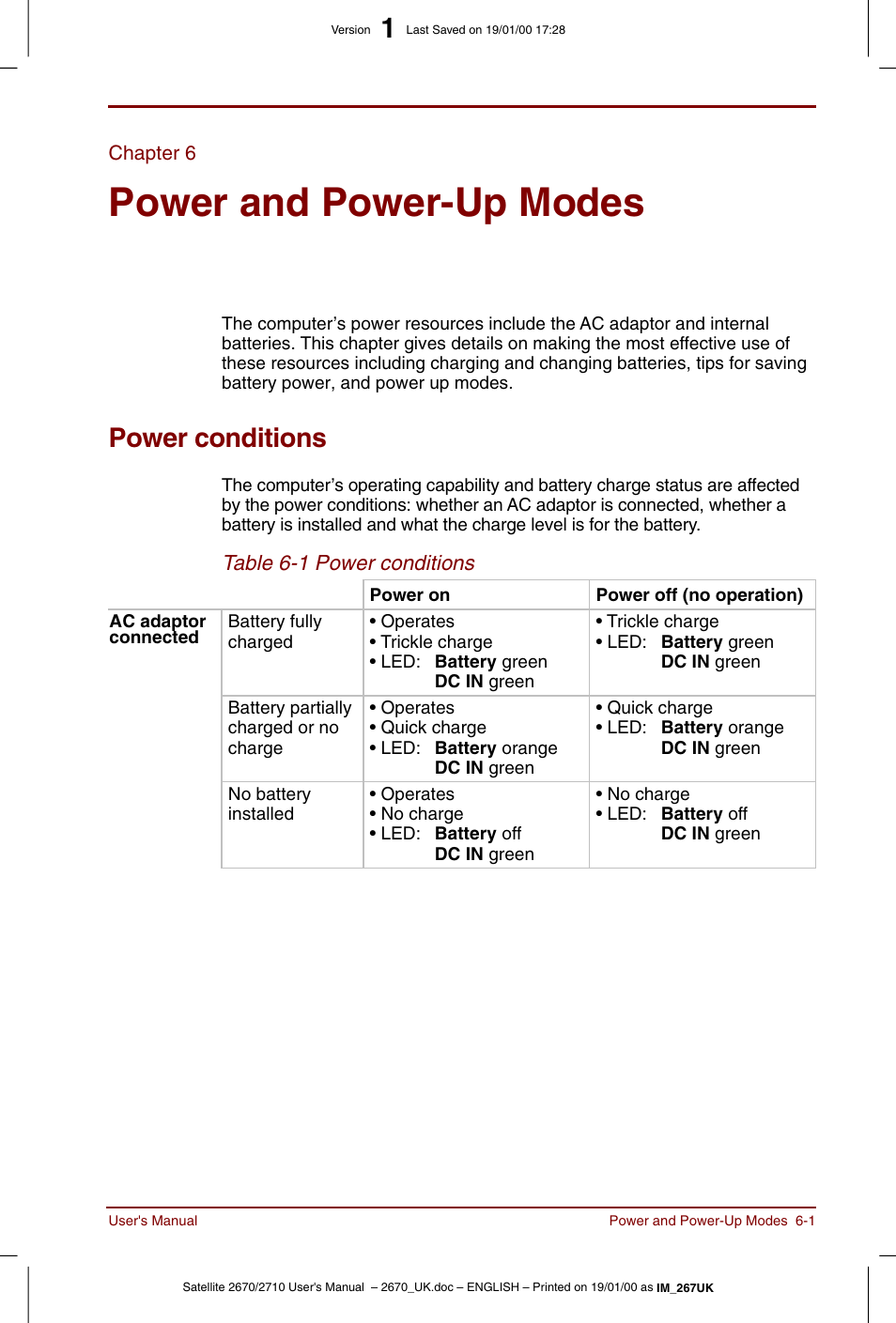 Chapter 6, Power and power-up modes, Power conditions | Chapter 6: power and power-up modes, Power conditions -1 | Toshiba Satellite 2670 User Manual | Page 71 / 182
