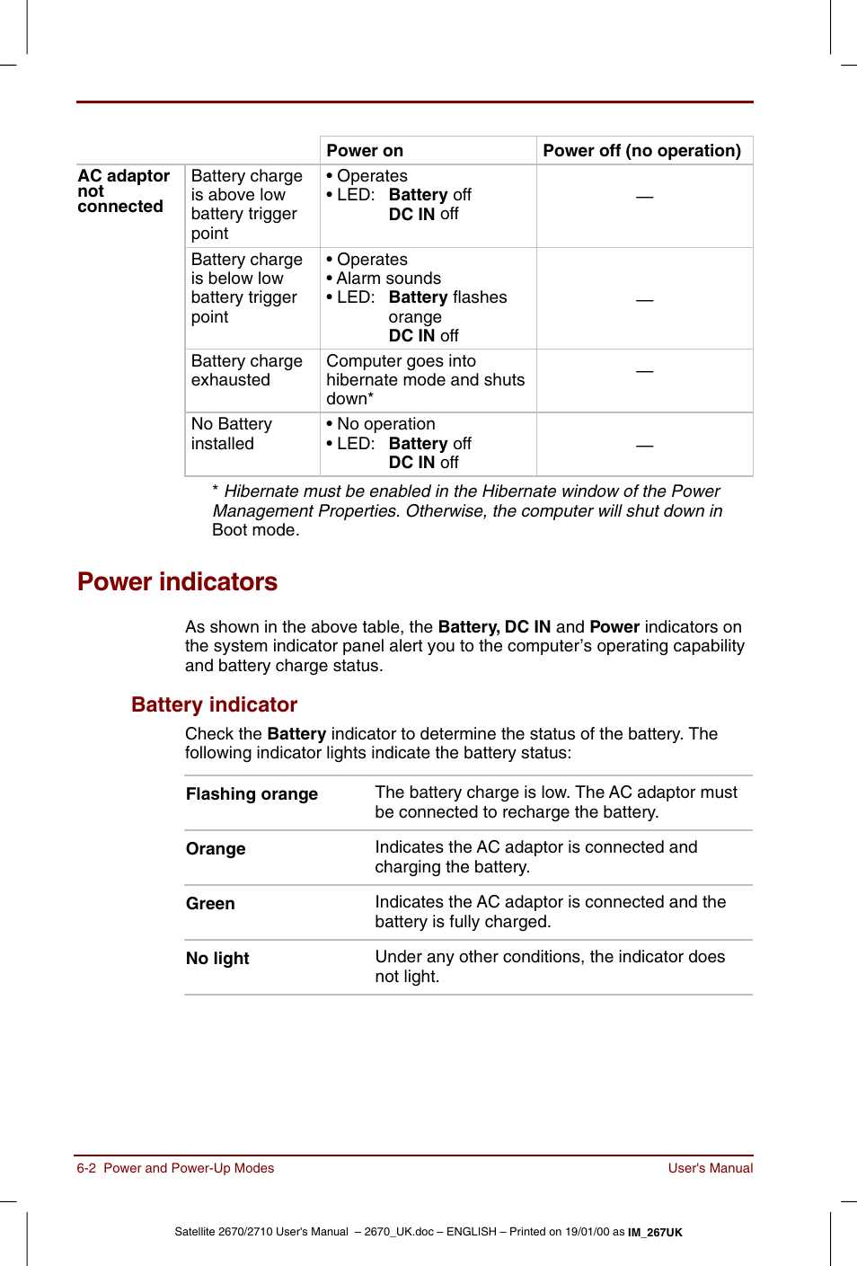 Power indicators, Power indicators -2, Battery indicator -2 | Battery indicator | Toshiba Satellite 2670 User Manual | Page 72 / 182