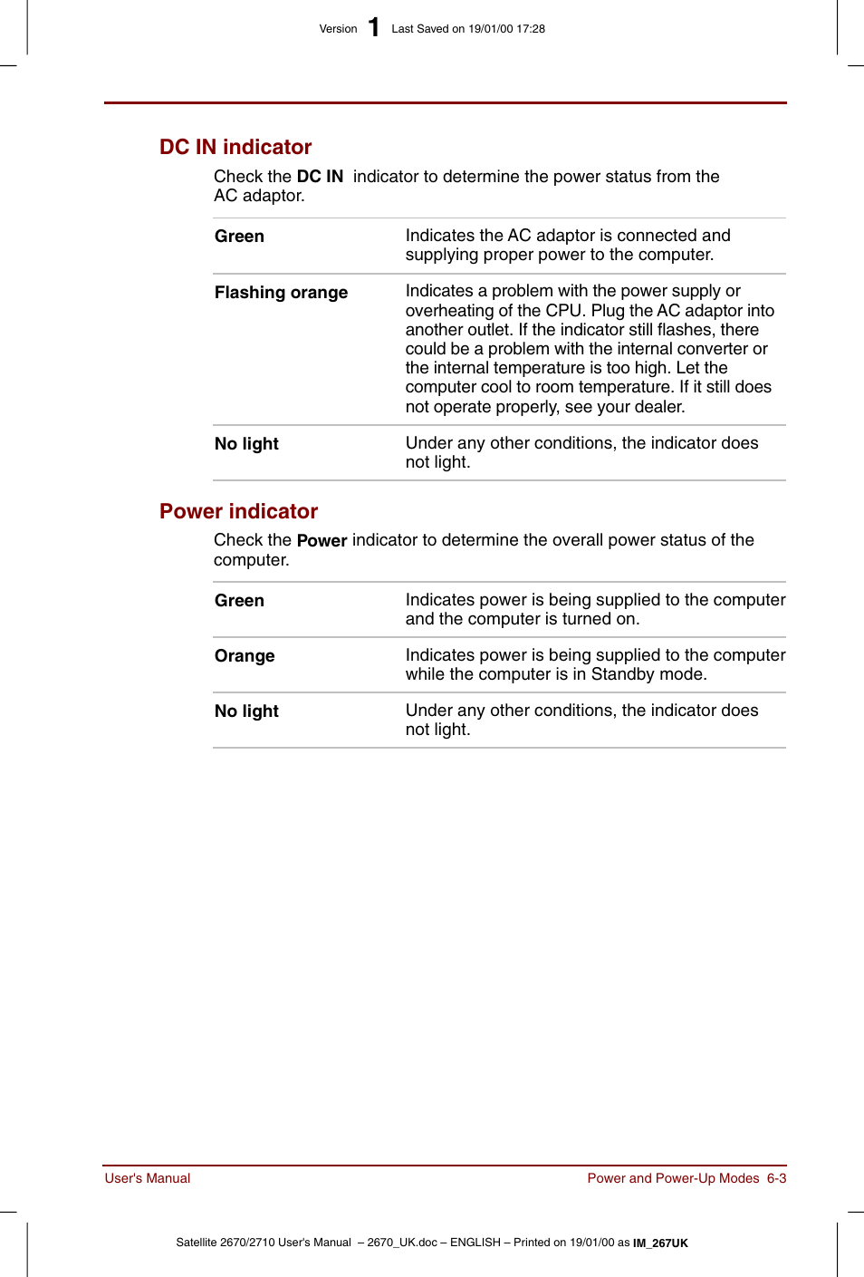 Dc in indicator -3 power indicator -3, Dc in indicator, Power indicator | Toshiba Satellite 2670 User Manual | Page 73 / 182