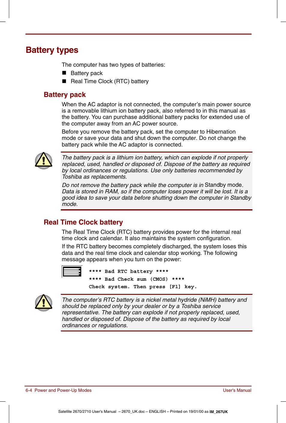 Battery types, Battery types -4, Battery pack -4 real time clock battery -4 | Battery pack, Real time clock battery | Toshiba Satellite 2670 User Manual | Page 74 / 182