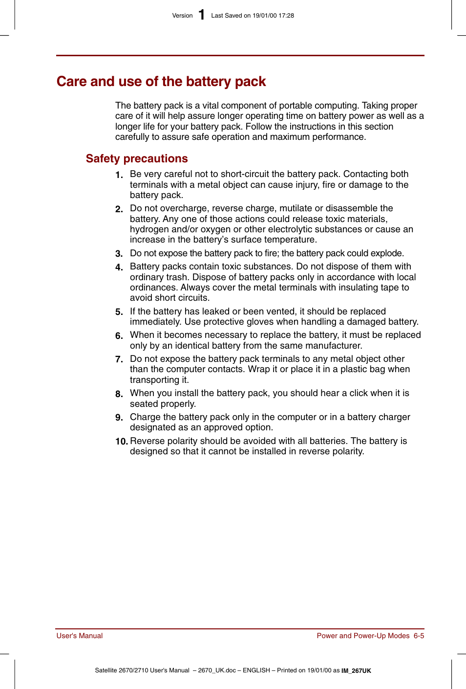 Care and use of the battery pack, Care and use of the battery pack -5, Safety precautions -5 | Safety precautions | Toshiba Satellite 2670 User Manual | Page 75 / 182