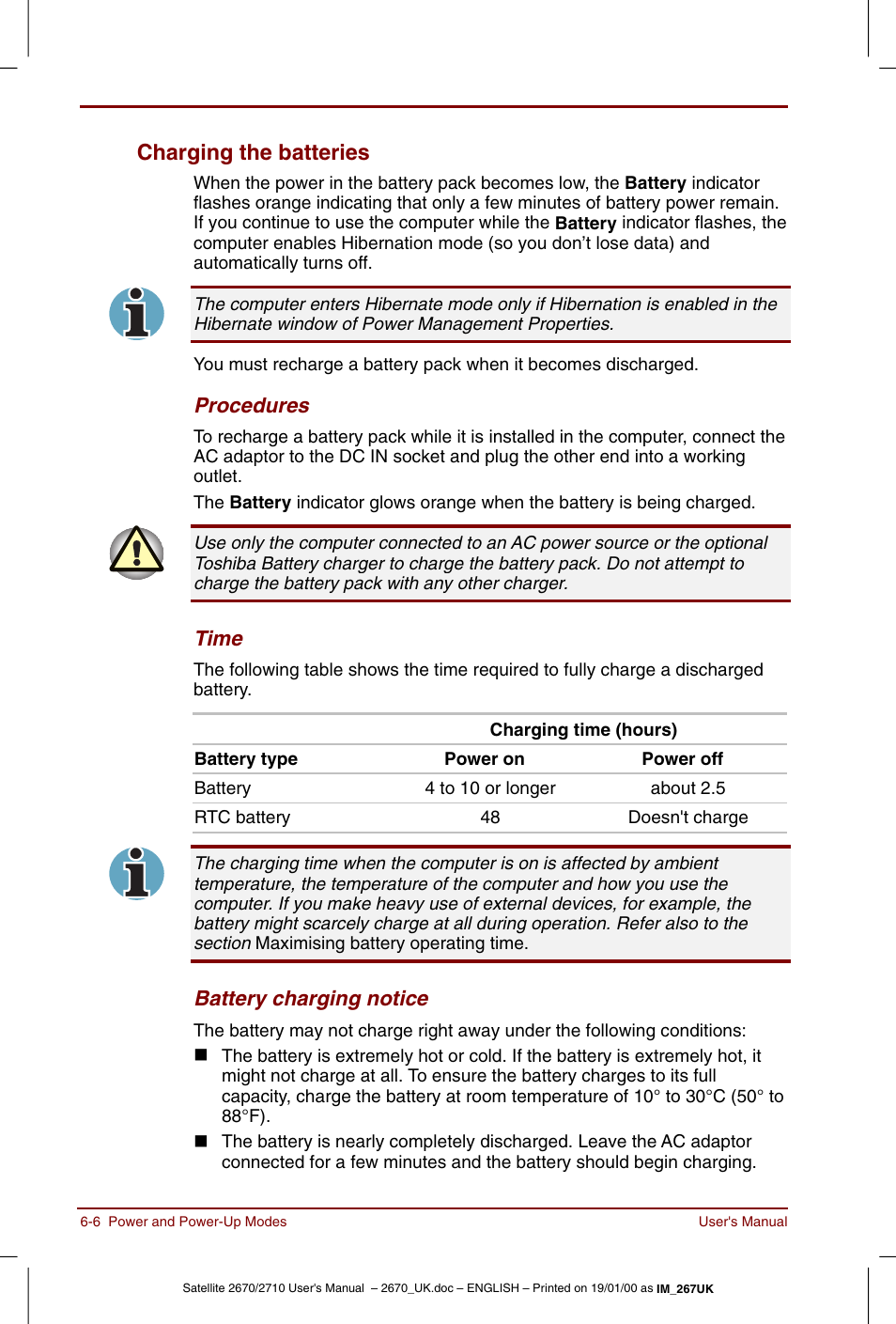 Charging the batteries -6, Charging the batteries | Toshiba Satellite 2670 User Manual | Page 76 / 182