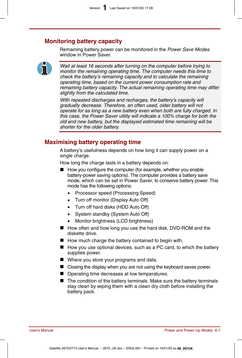 Monitoring battery capacity, Maximising battery operating time | Toshiba Satellite 2670 User Manual | Page 77 / 182