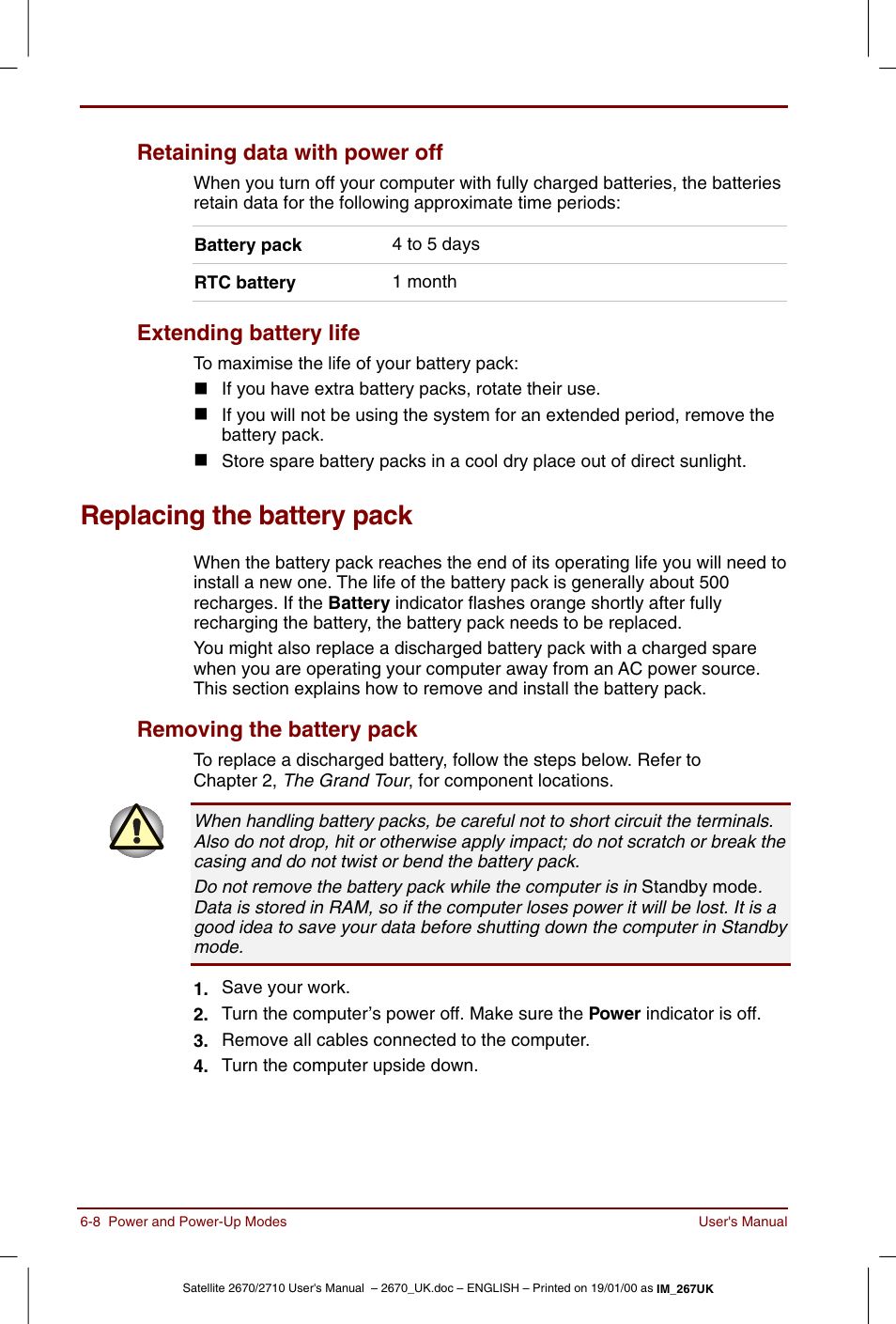 Replacing the battery pack, Replacing the battery pack -8, Removing the battery pack -8 | Retaining data with power off, Extending battery life, Removing the battery pack | Toshiba Satellite 2670 User Manual | Page 78 / 182