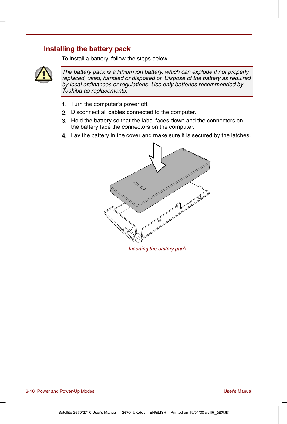 Installing the battery pack -10, Installing the battery pack | Toshiba Satellite 2670 User Manual | Page 80 / 182