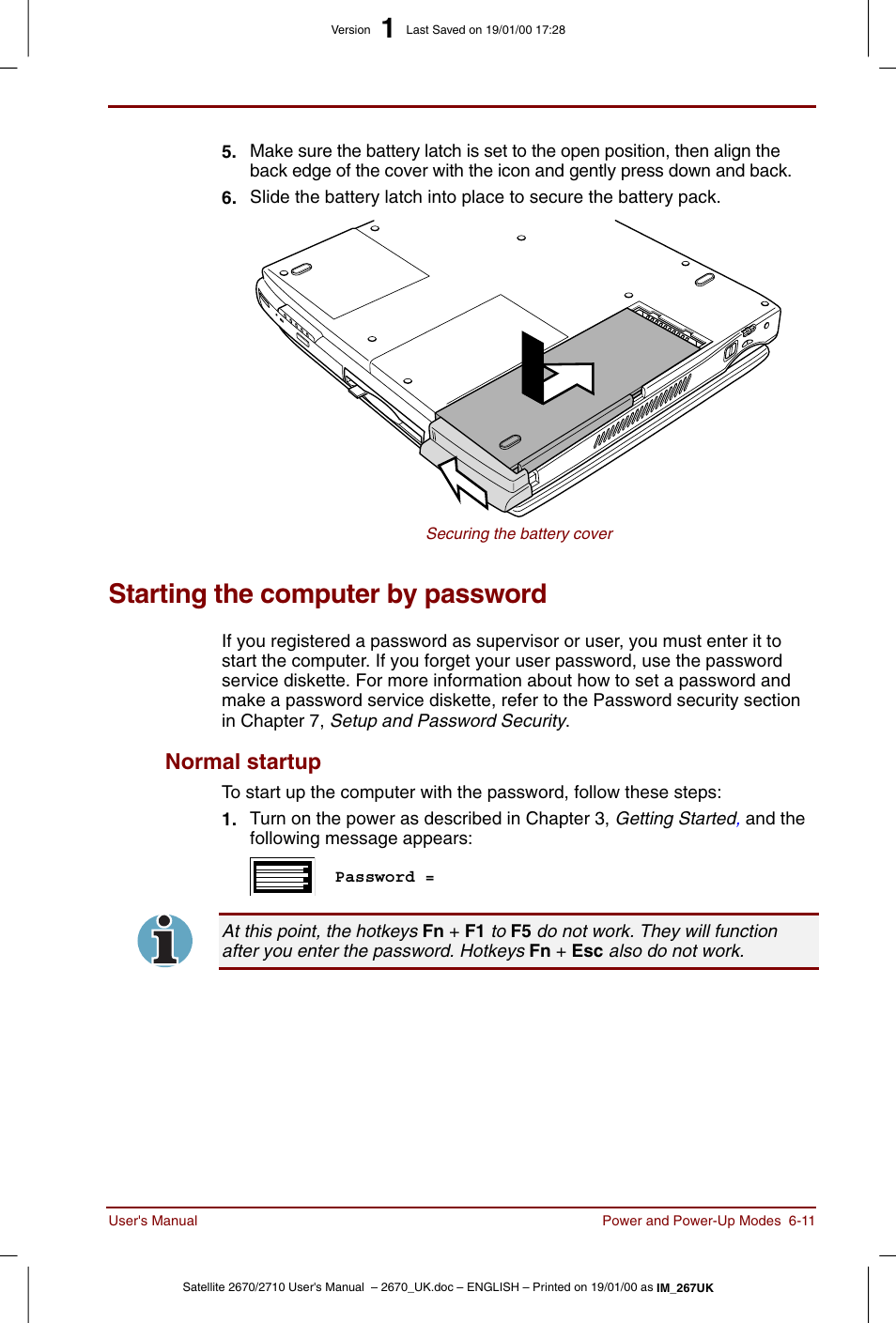 Starting the computer by password, Starting the computer by password -11, Normal startup -11 | Normal startup | Toshiba Satellite 2670 User Manual | Page 81 / 182