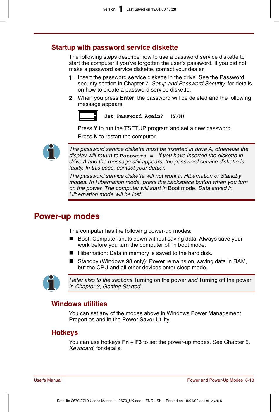 Power-up modes, Startup with password service diskette -13, Power-up modes -13 | Windows utilities -13 hotkeys -13, Startup with password service diskette, Windows utilities, Hotkeys | Toshiba Satellite 2670 User Manual | Page 83 / 182