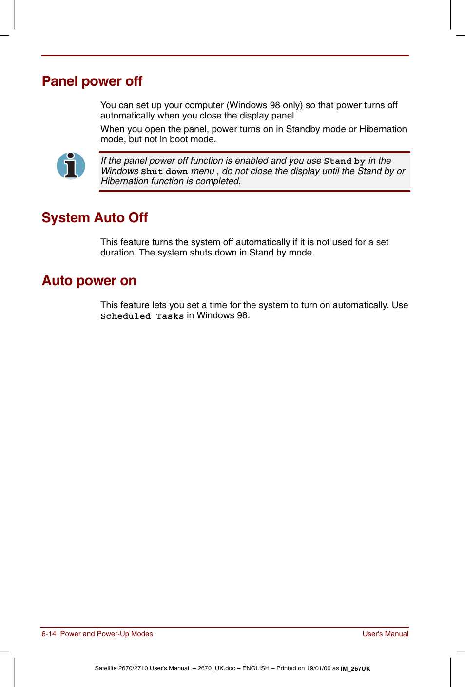 Panel power off, System auto off, Auto power on | Toshiba Satellite 2670 User Manual | Page 84 / 182