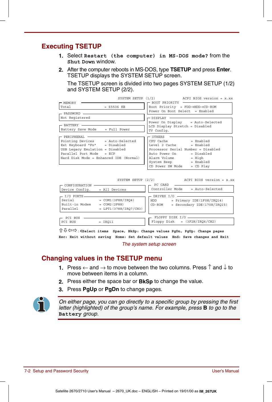 Executing tsetup, Changing values in the tsetup menu | Toshiba Satellite 2670 User Manual | Page 86 / 182