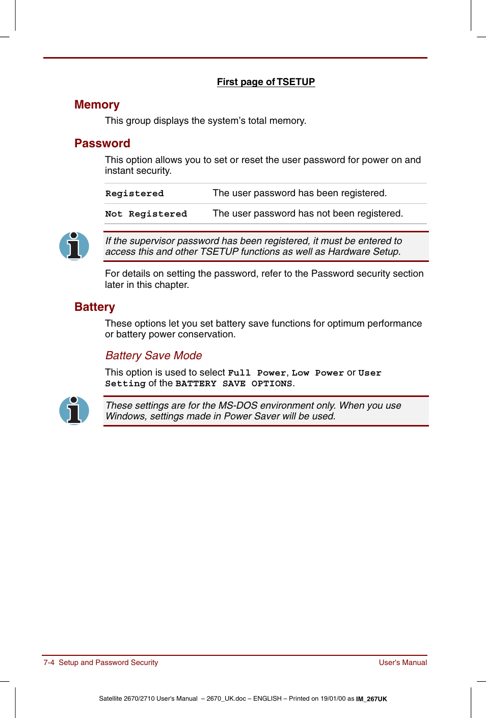 Memory -4 password -4 battery -4, Password, Battery | Toshiba Satellite 2670 User Manual | Page 88 / 182