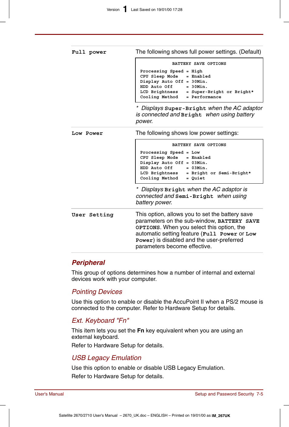 Peripheral, Pointing devices, Ext. keyboard "fn | Usb legacy emulation | Toshiba Satellite 2670 User Manual | Page 89 / 182
