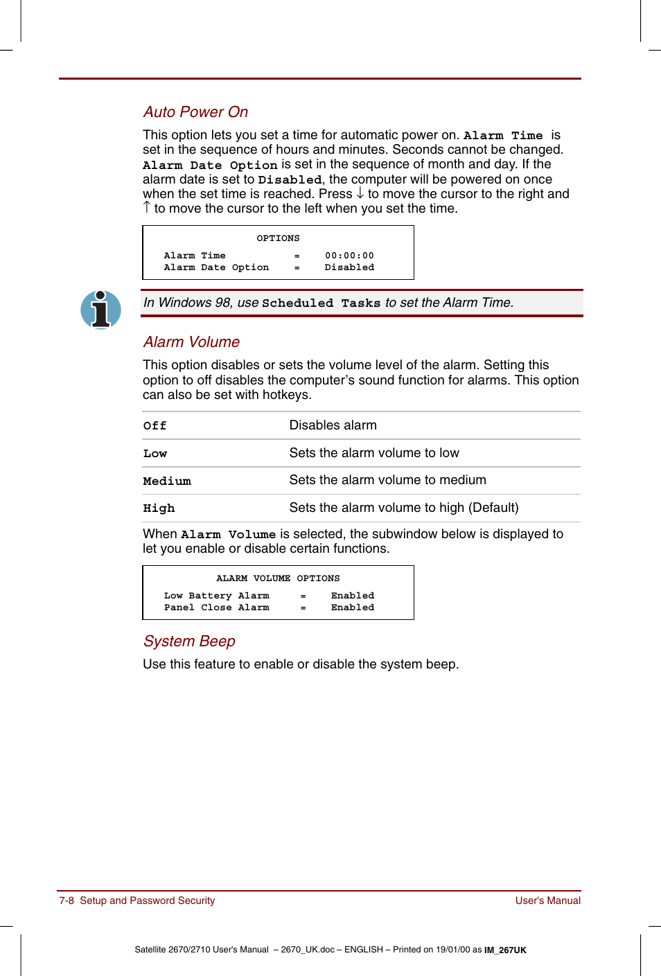 Auto power on, Alarm volume, System beep | Toshiba Satellite 2670 User Manual | Page 92 / 182