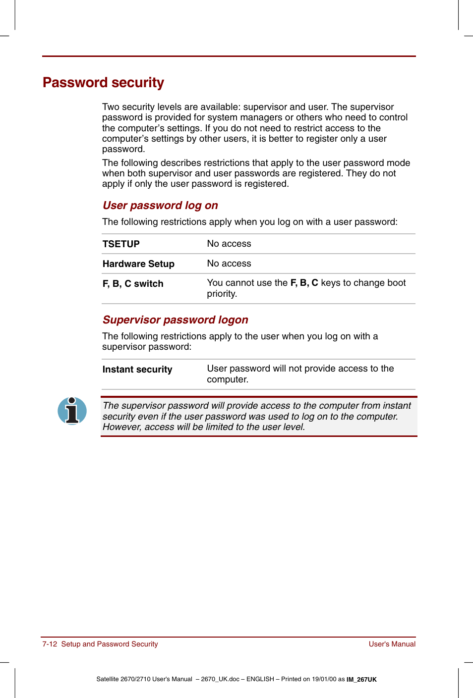 Password security, Password security -12 | Toshiba Satellite 2670 User Manual | Page 96 / 182