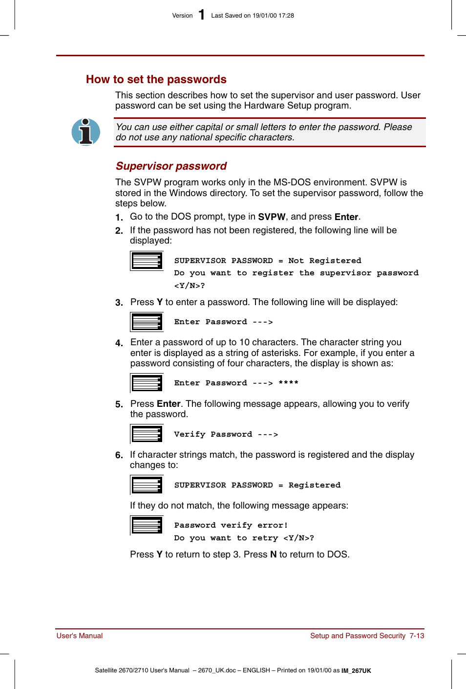 How to set the passwords -13, How to set the passwords, Supervisor password | Toshiba Satellite 2670 User Manual | Page 97 / 182