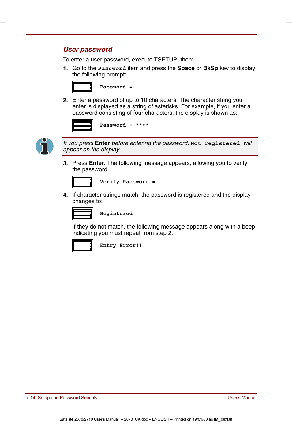 User password | Toshiba Satellite 2670 User Manual | Page 98 / 182