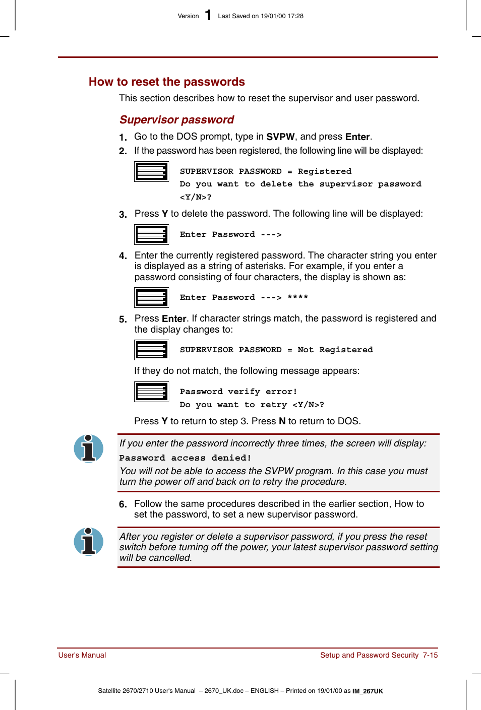 How to reset the passwords -15, How to reset the passwords, Supervisor password | Toshiba Satellite 2670 User Manual | Page 99 / 182