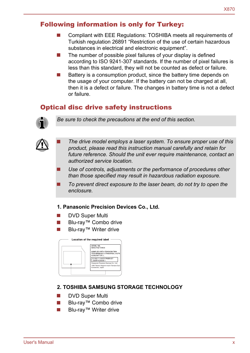 Following information is only for turkey, Optical disc drive safety instructions | Toshiba Qosmio X870 User Manual | Page 10 / 164