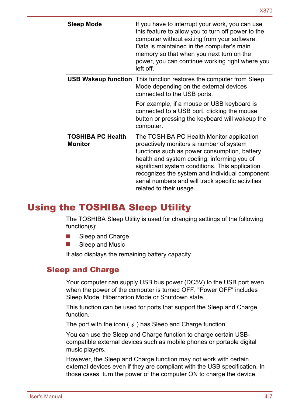 Using the toshiba sleep utility, Sleep and charge, Using the toshiba sleep utility -7 | Toshiba Qosmio X870 User Manual | Page 103 / 164