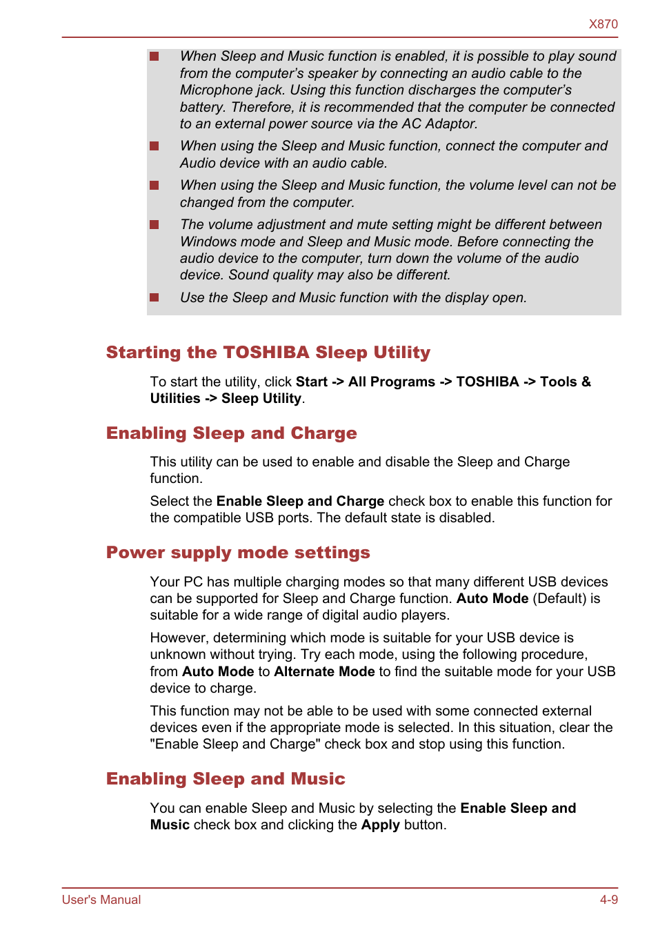 Starting the toshiba sleep utility, Enabling sleep and charge, Power supply mode settings | Enabling sleep and music | Toshiba Qosmio X870 User Manual | Page 105 / 164