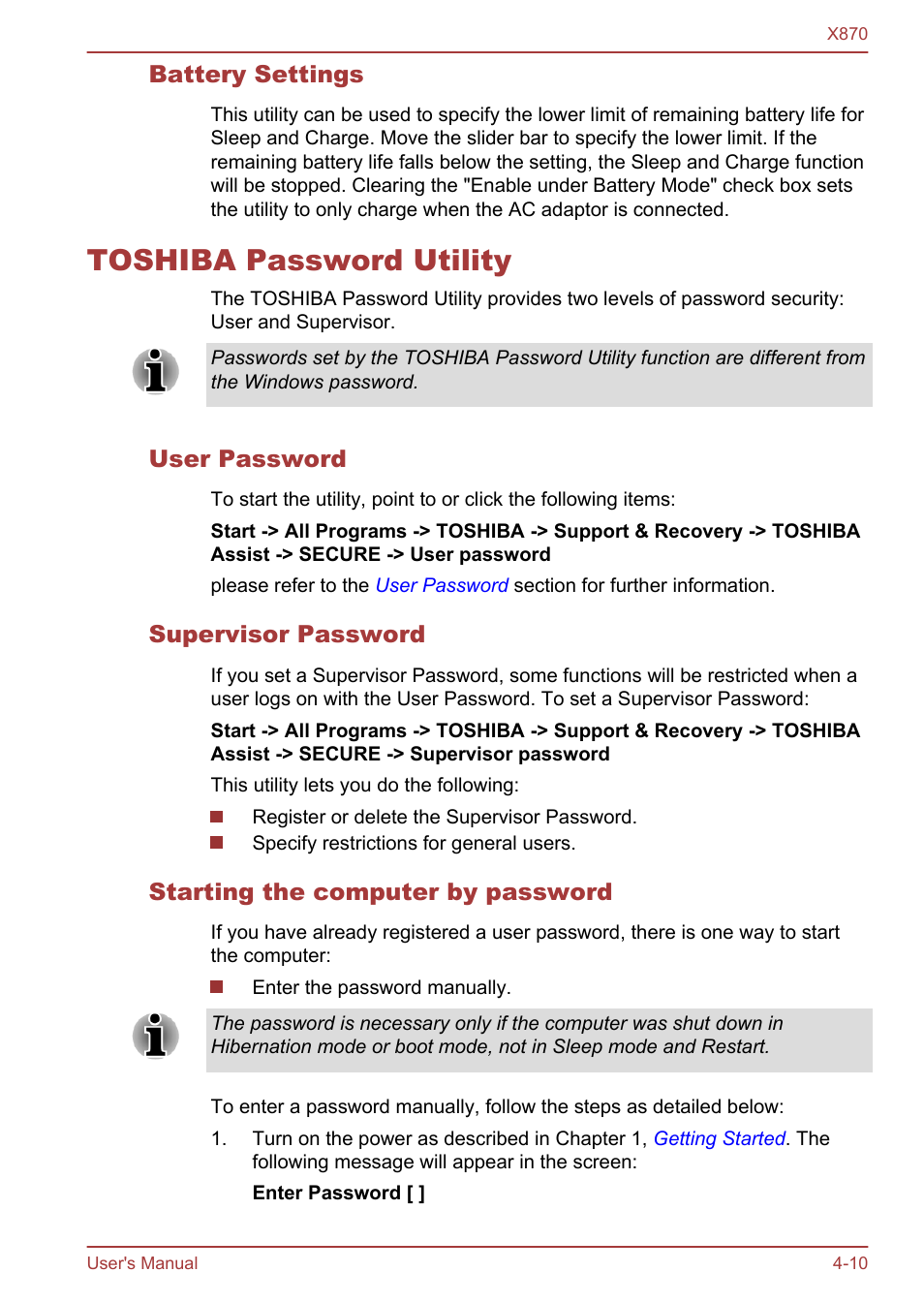 Battery settings, Toshiba password utility, User password | Supervisor password, Starting the computer by password, Toshiba password utility -10 | Toshiba Qosmio X870 User Manual | Page 106 / 164