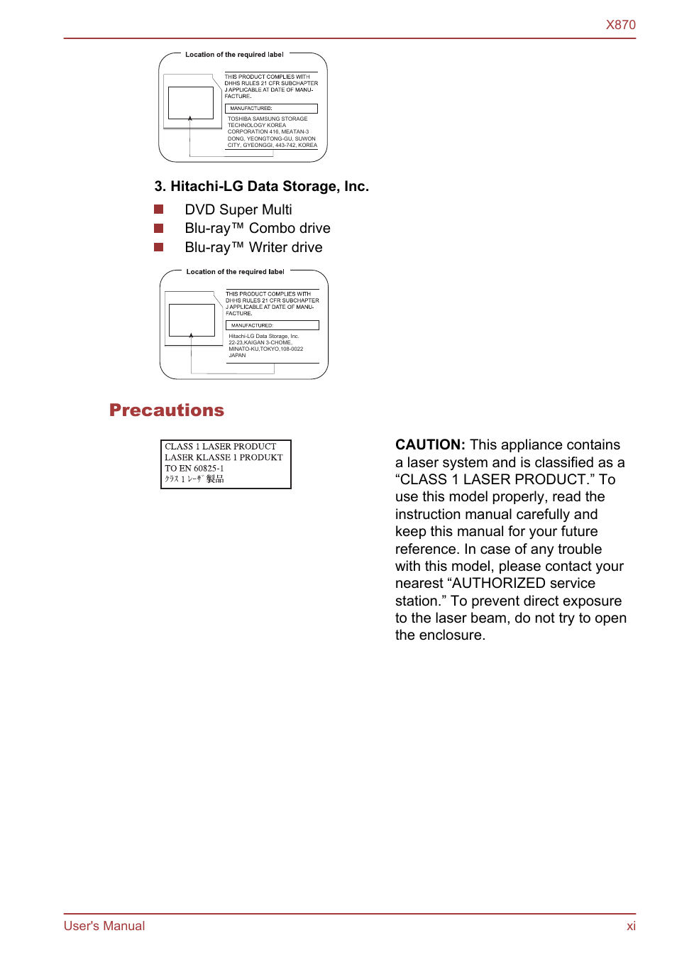 Precautions, X870 user's manual xi | Toshiba Qosmio X870 User Manual | Page 11 / 164