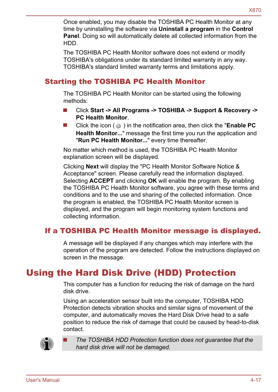 Starting the toshiba pc health monitor, Using the hard disk drive (hdd) protection, Using the hard disk drive (hdd) protection -17 | To-disk contact. refer to the, Using the hard disk, Drive (hdd) protection, Section for more details | Toshiba Qosmio X870 User Manual | Page 113 / 164