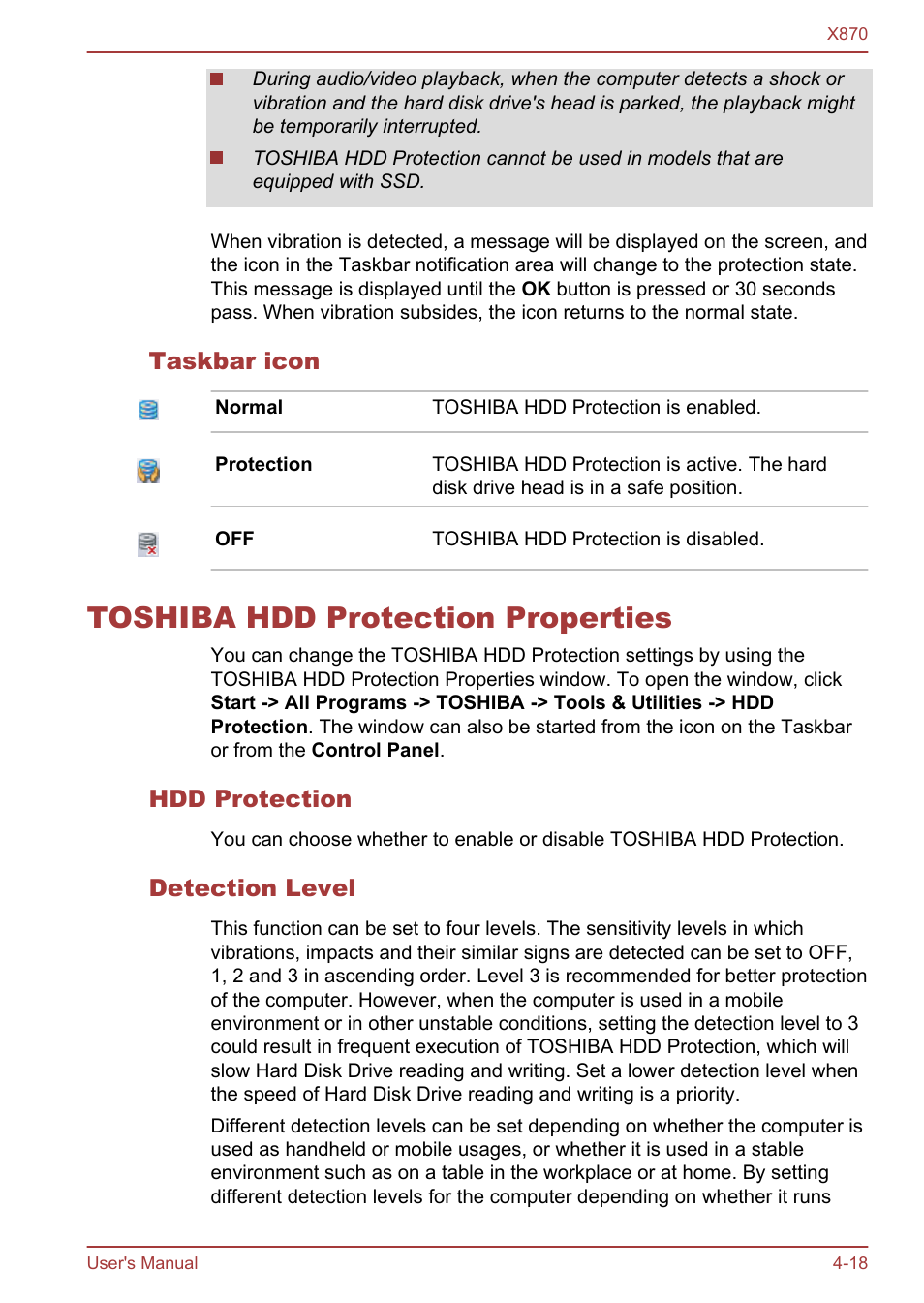 Taskbar icon, Toshiba hdd protection properties, Hdd protection | Detection level, Toshiba hdd protection properties -18 | Toshiba Qosmio X870 User Manual | Page 114 / 164