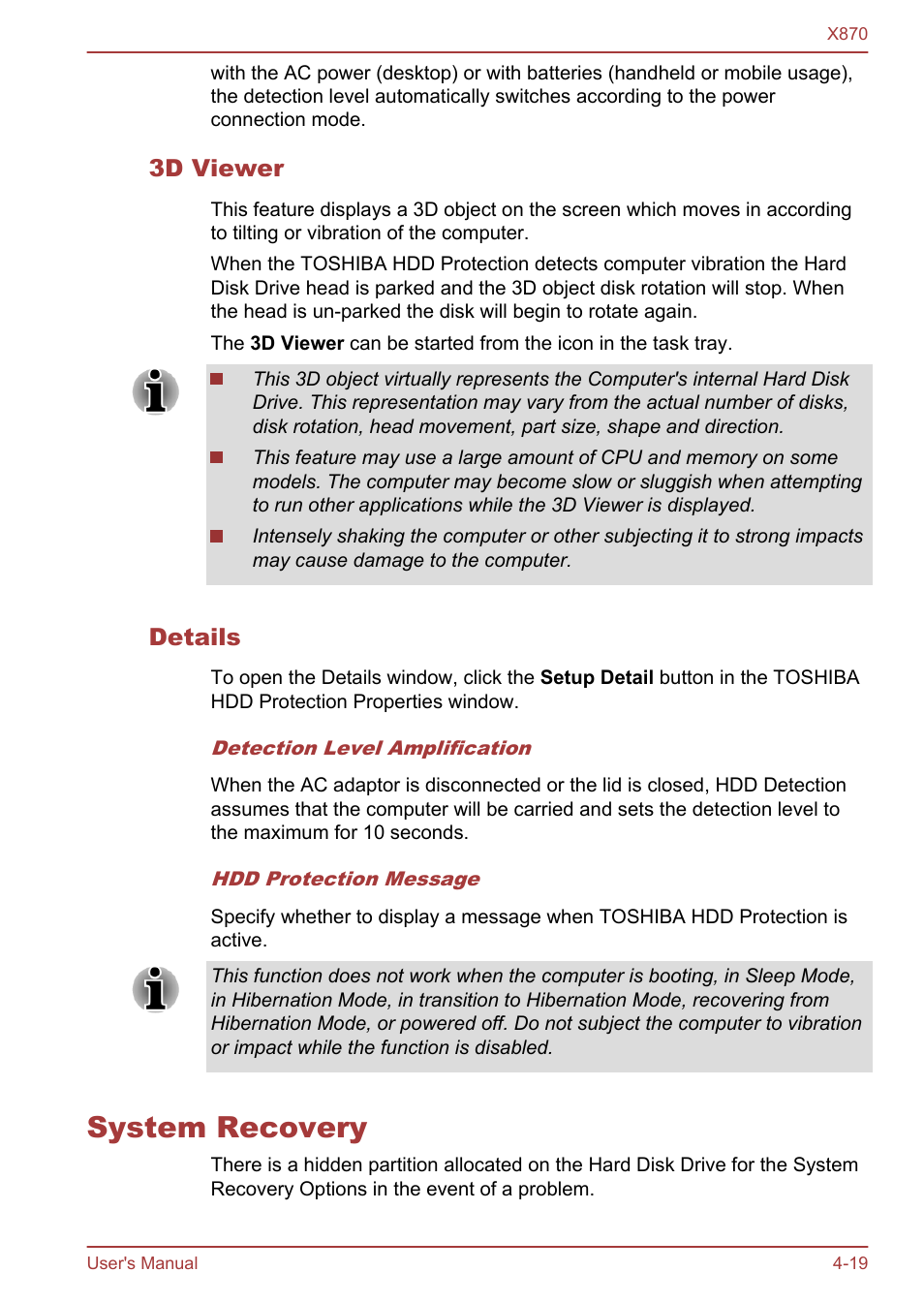 3d viewer, Details, System recovery | System recovery -19 | Toshiba Qosmio X870 User Manual | Page 115 / 164