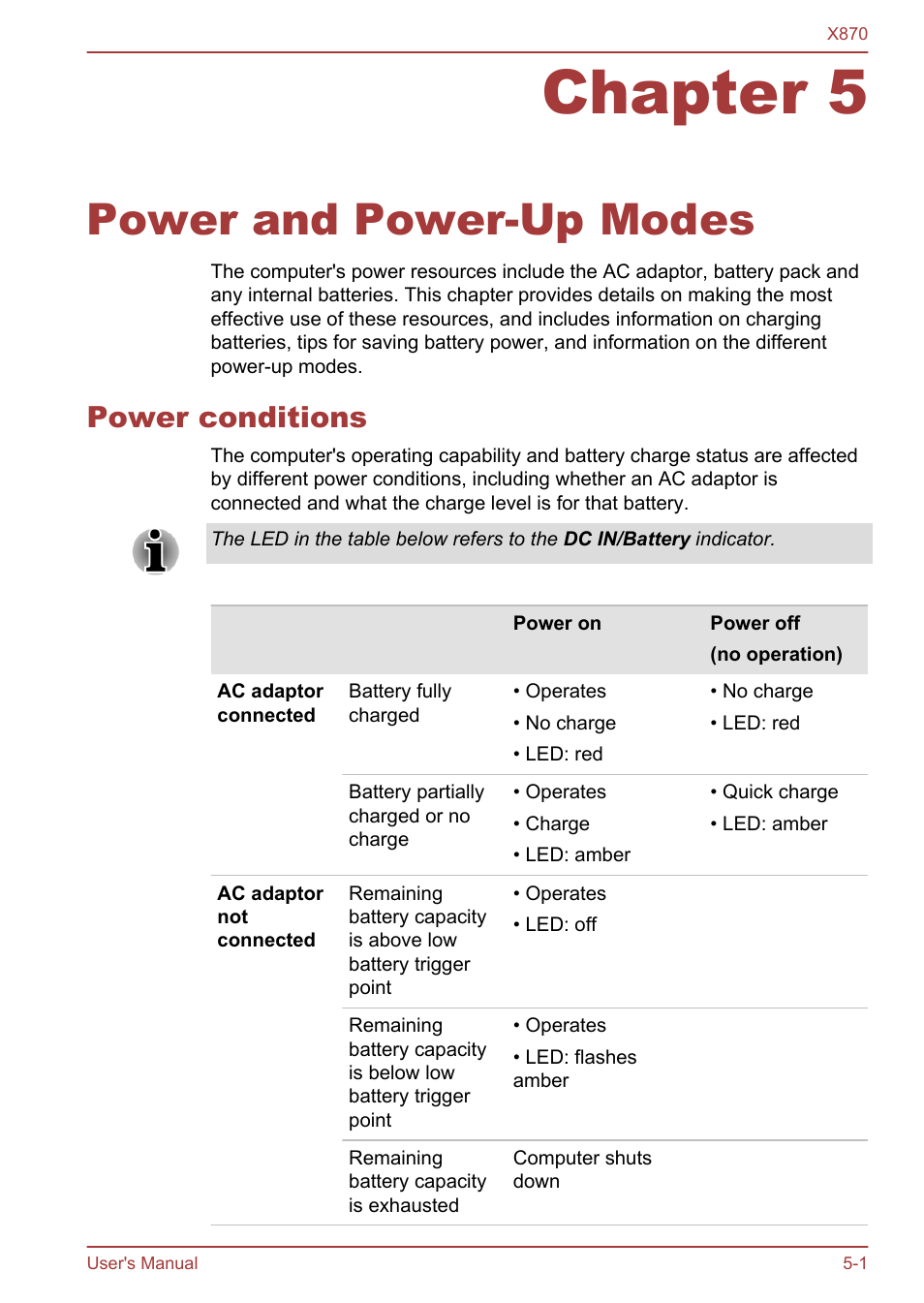 Chapter 5 power and power-up modes, Power conditions, Chapter 5 | Power and power-up modes, Power conditions -1, Please refer to chapter 5, Power and power-up, Modes, For more information on this feature | Toshiba Qosmio X870 User Manual | Page 120 / 164