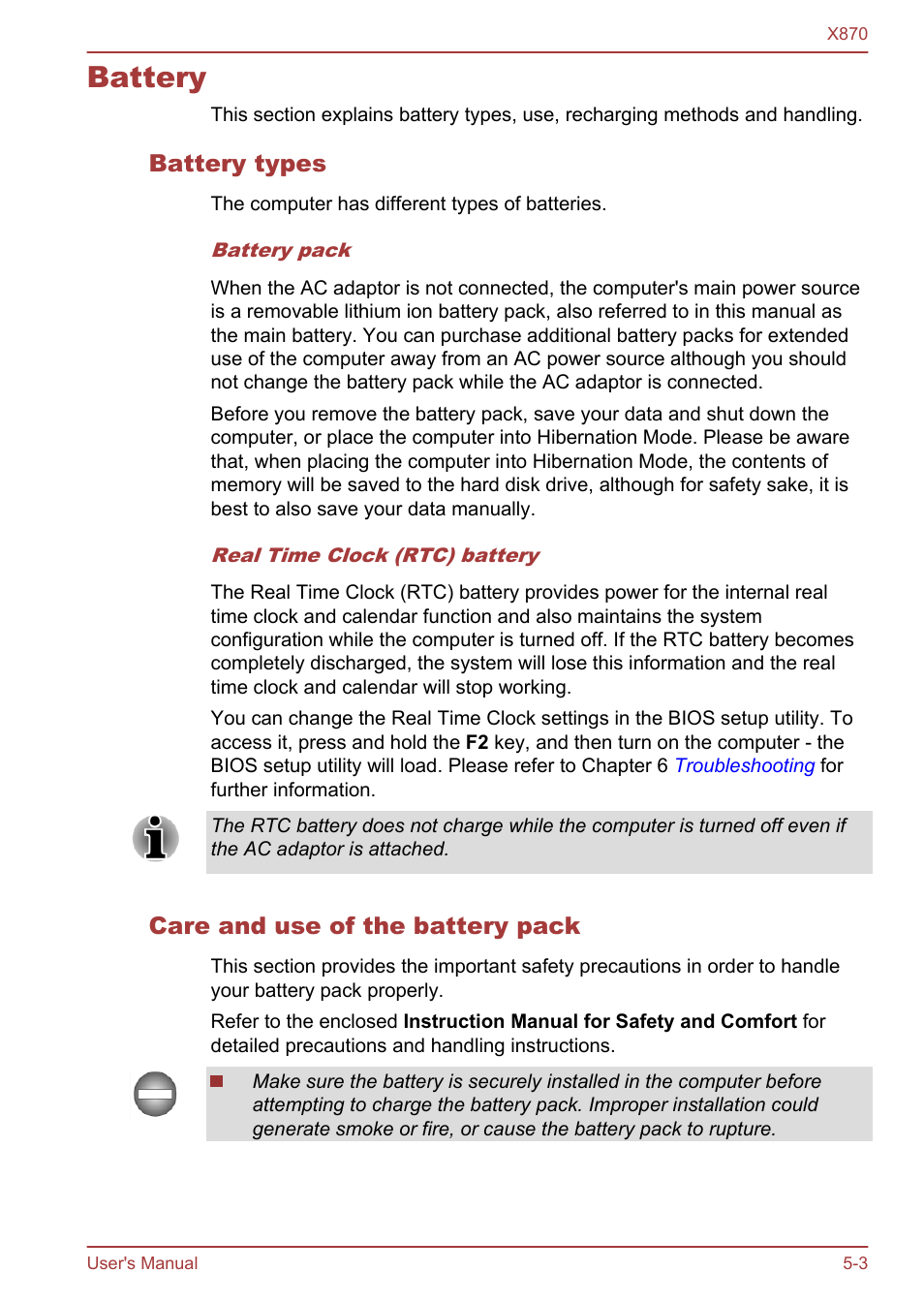 Battery, Battery types, Care and use of the battery pack | Battery -3 | Toshiba Qosmio X870 User Manual | Page 122 / 164