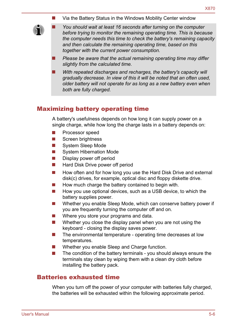Maximizing battery operating time, Batteries exhausted time | Toshiba Qosmio X870 User Manual | Page 125 / 164