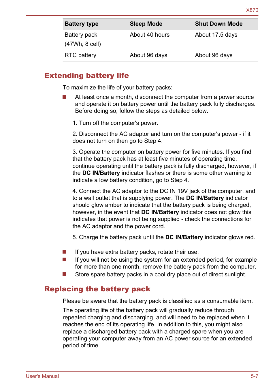 Extending battery life, Replacing the battery pack, Section in | Toshiba Qosmio X870 User Manual | Page 126 / 164