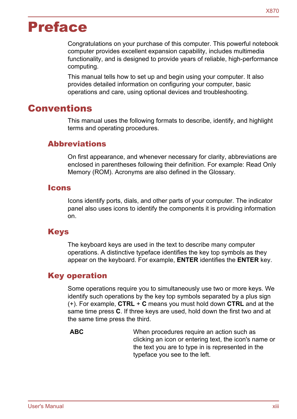 Preface, Conventions, Abbreviations | Icons, Keys, Key operation | Toshiba Qosmio X870 User Manual | Page 13 / 164