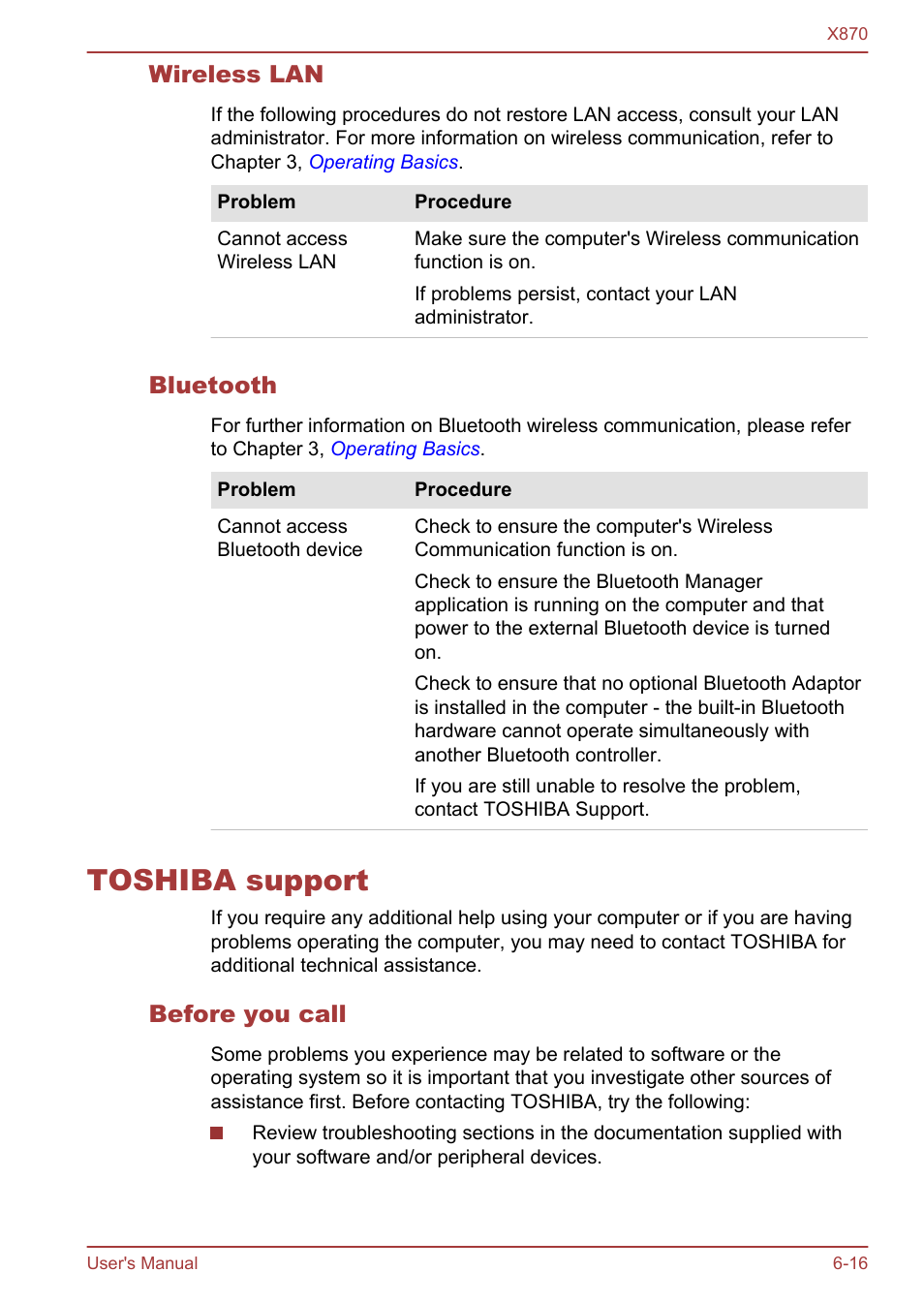 Wireless lan, Bluetooth, Toshiba support | Before you call, Toshiba support -16 | Toshiba Qosmio X870 User Manual | Page 145 / 164