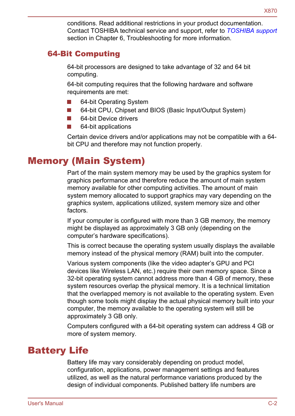 Bit computing, Memory (main system), Battery life | Toshiba Qosmio X870 User Manual | Page 152 / 164